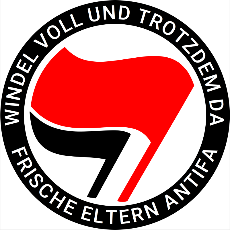 Modifiziertes Antifa-Logo: (Fahnen) Windel voll und trotzdem da – frische Eltern Antifa