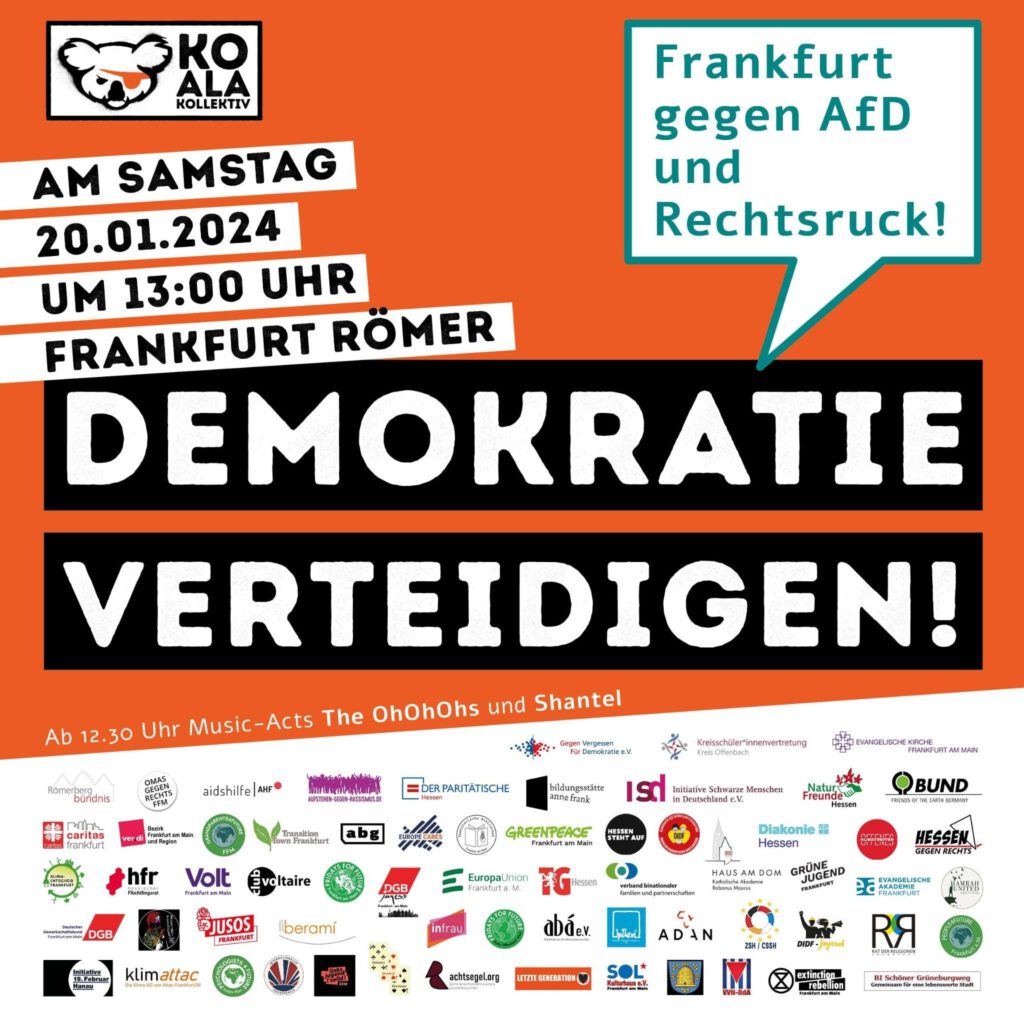 Demo-Aufruf Demokratie verteidigen! am Samstag 20.01.2024 um 13 Uhr, Frankfurt Römer. Frankfurt gegen AfD und Rechtsruck!
